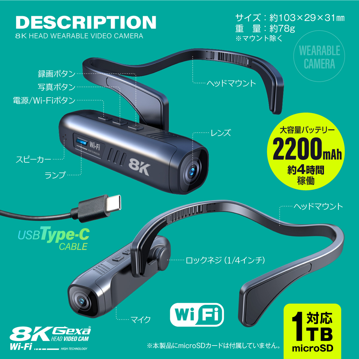 Gexa(ジイエクサ×スパイダーズX） 8K ウェアラブルカメラ ヘッドカメラ