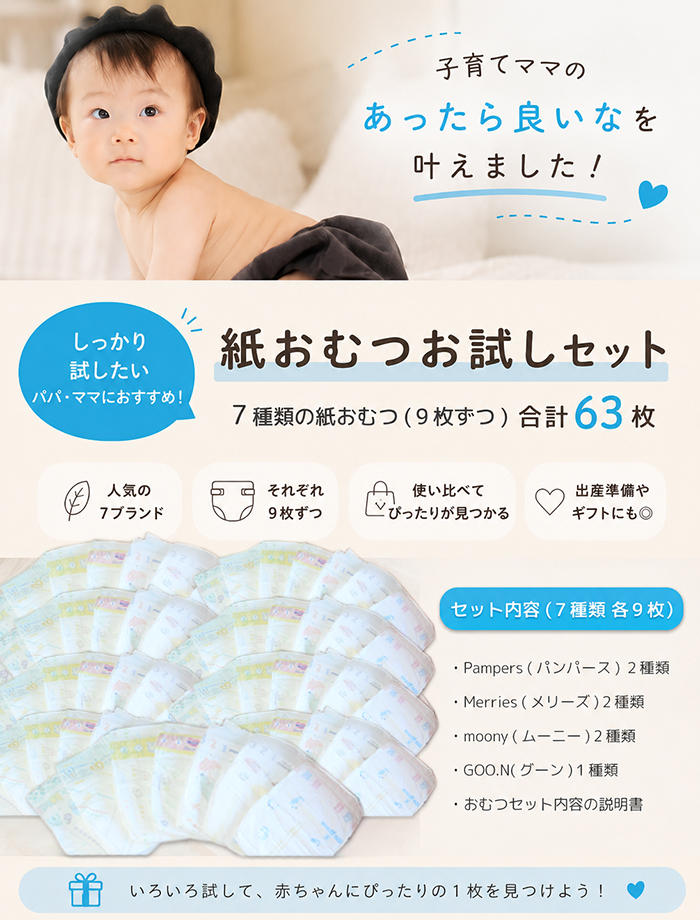 たっぷり大容量63枚！ おむつ お試しセット Sサイズ テープ 7種類×9枚
