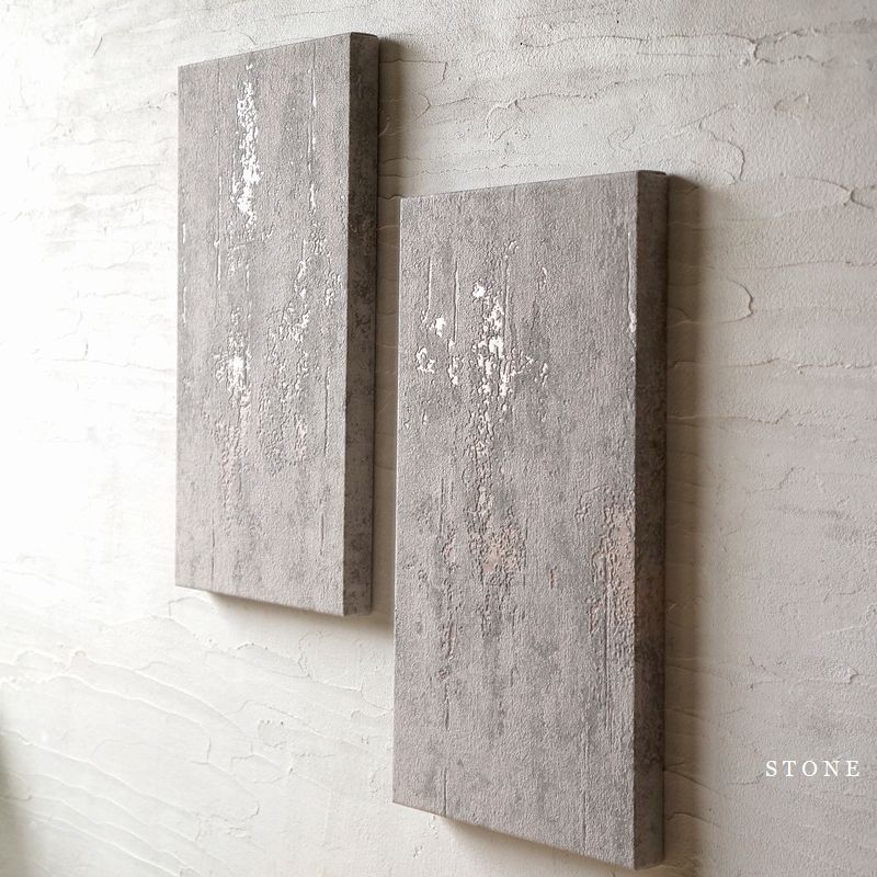 レトロな石板アート(2枚セット) アートパネル 壁掛け STONE 40×22cm 2枚組 グレー 石壁調 北欧