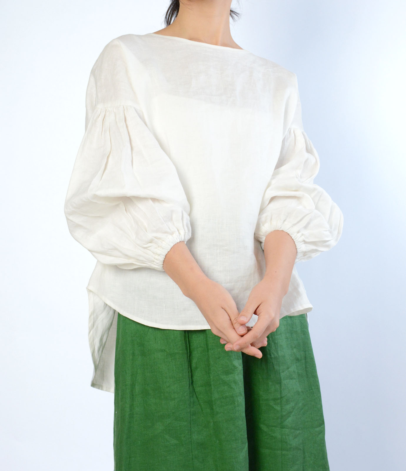 【新作 New】リネン バルーンスリーブ ブラウス 長袖 | パフスリーブ カットソー ナチュラル 大人服 |  | 23