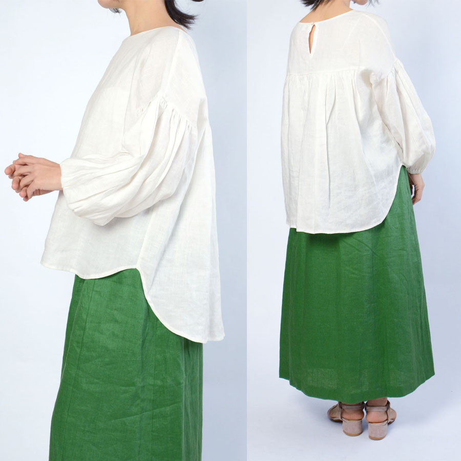 【新作 New】リネン バルーンスリーブ ブラウス 長袖 | パフスリーブ カットソー ナチュラル 大人服 |  | 21