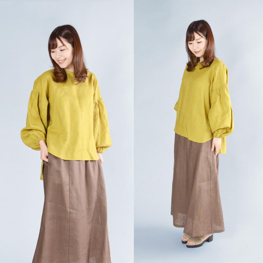 【新作 New】リネン バルーンスリーブ ブラウス 長袖 | パフスリーブ カットソー ナチュラル 大人服 |  | 09