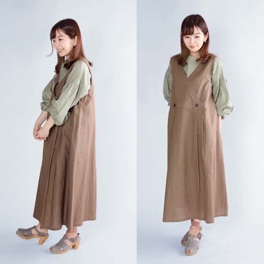 リネンコットン Vネック サロペットワンピース レディース | 麻 ワンピース サロペット タック ジャンパースカート ns-24506 |  | 06