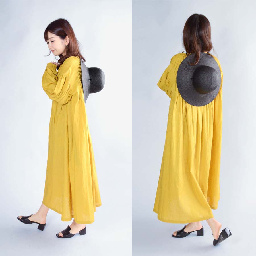 リネンコットン ボリュームロングワンピース ヘンリーネック