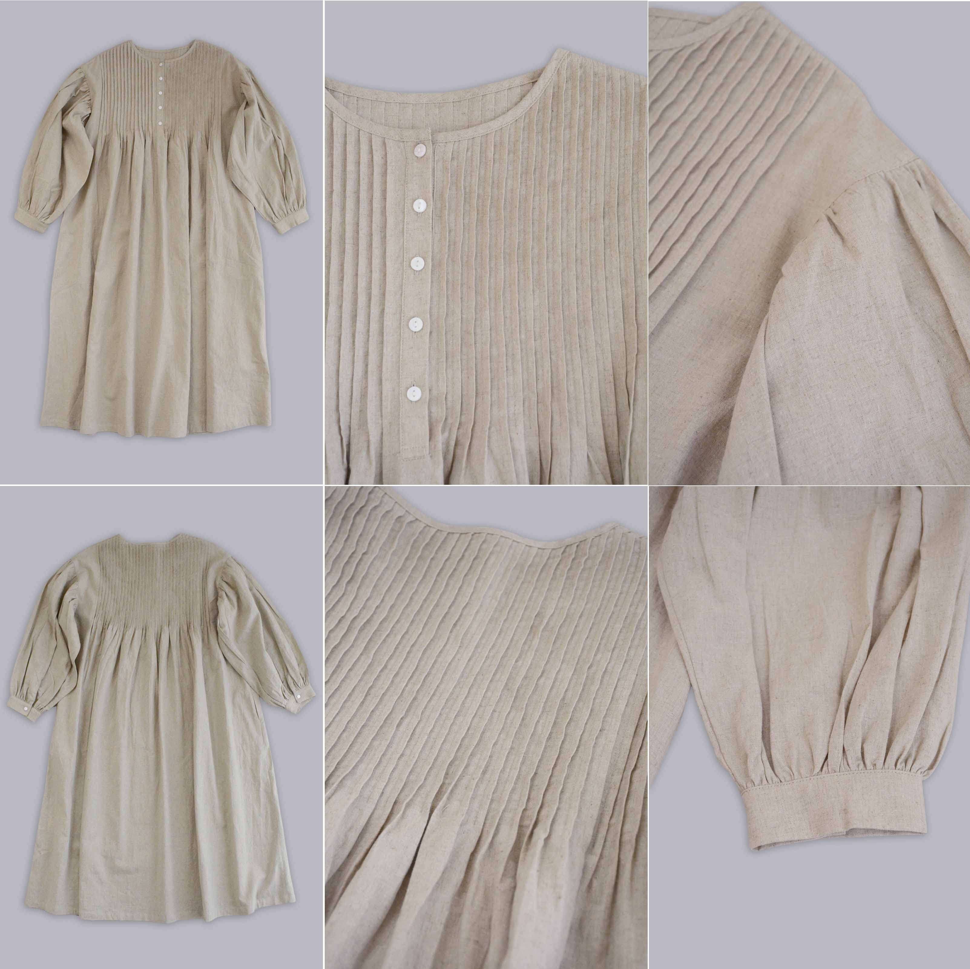 リネンコットン ボリュームロングワンピース ヘンリーネック