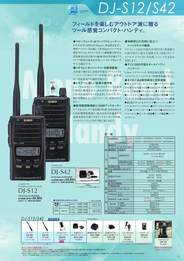アルインコ　アマチュア無線機　モノバンド144MHz　FM 2Wトランシーバー　DJ-S12　2W　EMS-59セット
