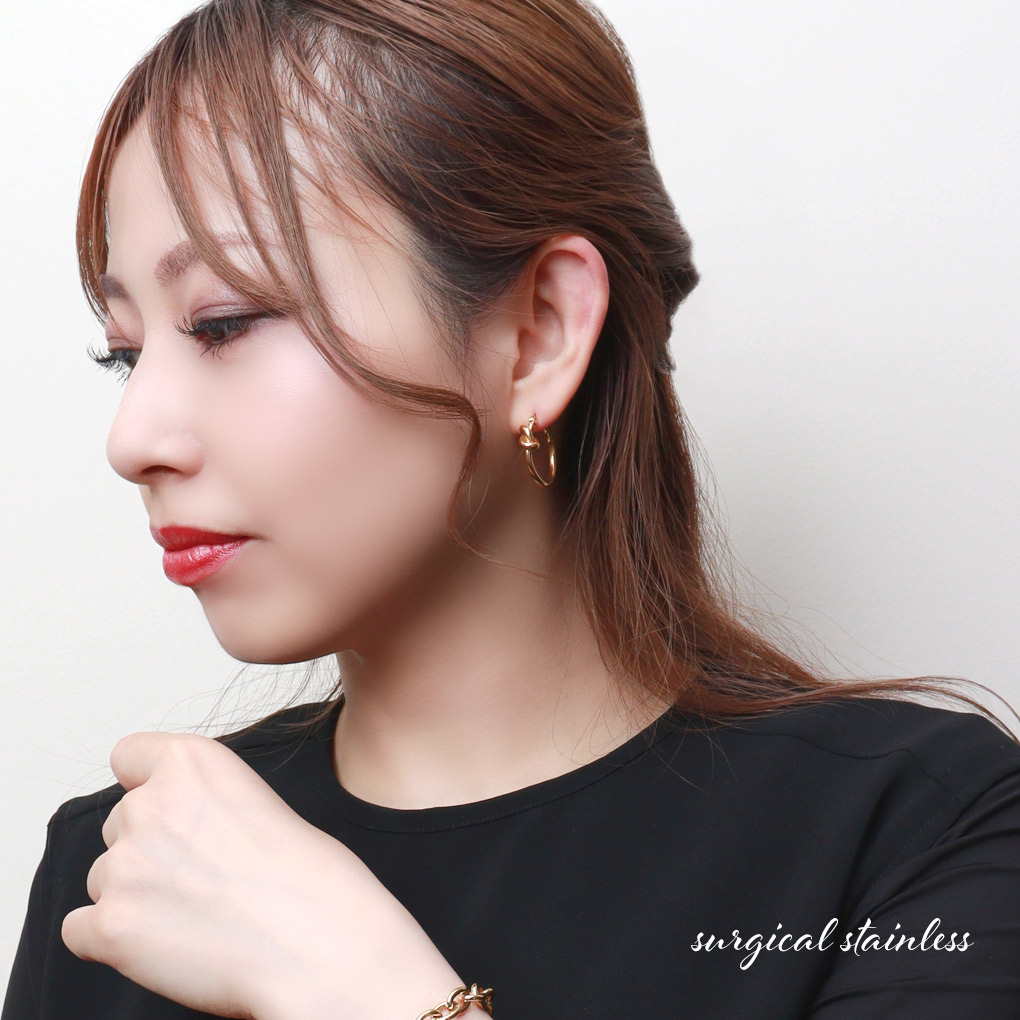 8*様 18K金製 ピアスとブレスレットセット ステンレス ノット フープピアス 1P 片耳用 サージカルステンレス 18金