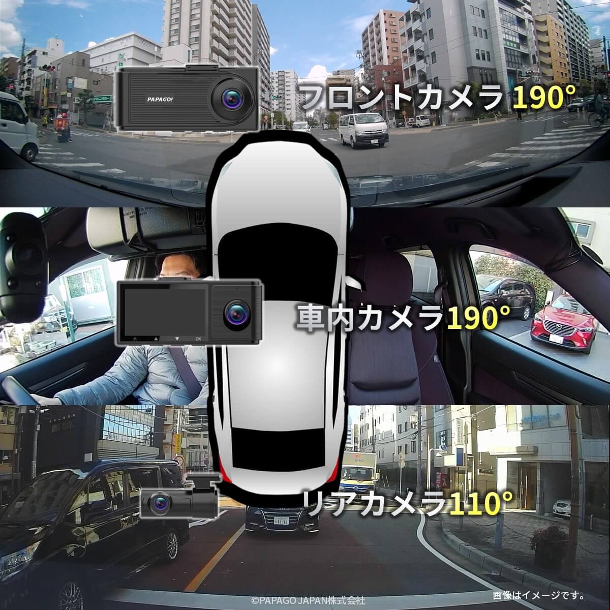 ぶつかった決定的瞬間は記録できてますか？その瞬間を見逃さない！まるごと490°記録する３カメラドライブレコーダー「GoSafe490G2K」GS490G2-64GB | PAPAGO! | 05