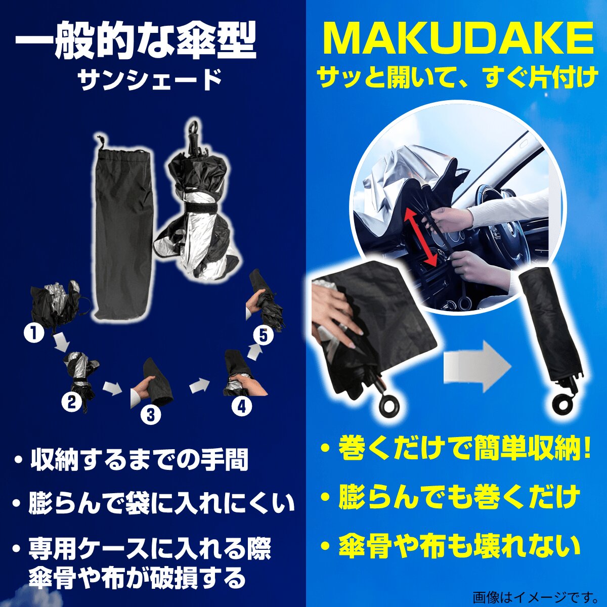 巻くだけ収納【MAKUDAKE】折りたたみ傘 サンシェード カー用品 MR-CARUBV5 miraion ミライオン 熱中症 猛暑 UV 紫外線 対策 車中泊 休憩 日除け 日よけ | miraiON | 07
