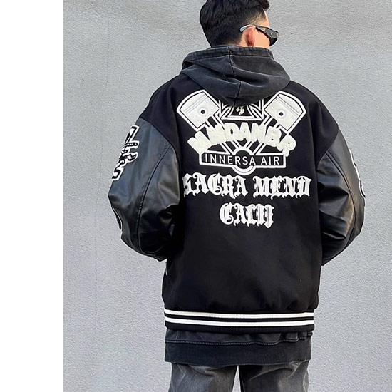 スタジャン メンズ 刺繍 オラオラ系 ブルゾン PU レザー ワッペン