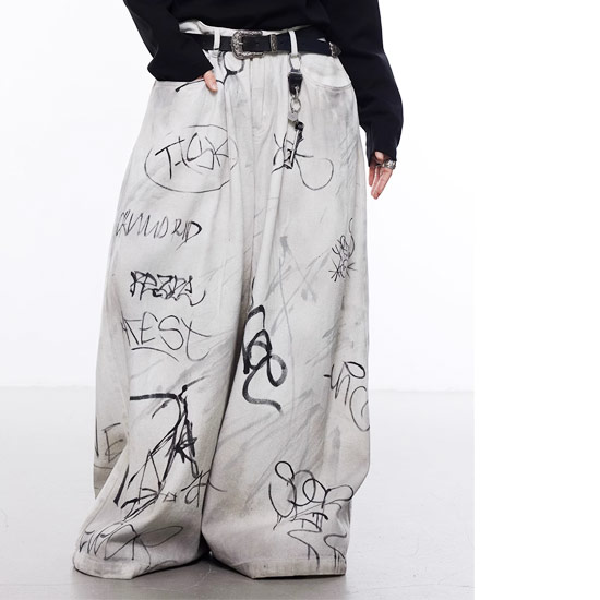 QS86 ペイント加工 グレー ワイドデニムパンツ QS86 ペイント加工 グレー ワイドデニムパンツ - メルカリ