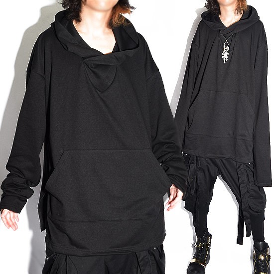 パーカー メンズ ロング丈 ロングtシャツ 変形 ロンT ブラック
