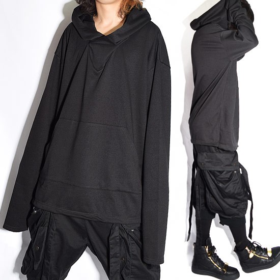 パーカー メンズ ロング丈 ロングtシャツ 変形 ロンT ブラック