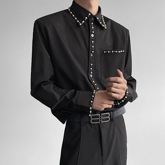 V系 シャツ メンズ オラオラ系 長袖 モード系 ドレスシャツ PUレザー