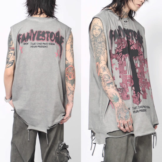 V系 タンクトップ メンズ ノースリーブ モード系 Tシャツ カットソー