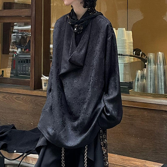 モード系 ロングTシャツ メンズ ロンT V系 トップス 変形 ドレープ