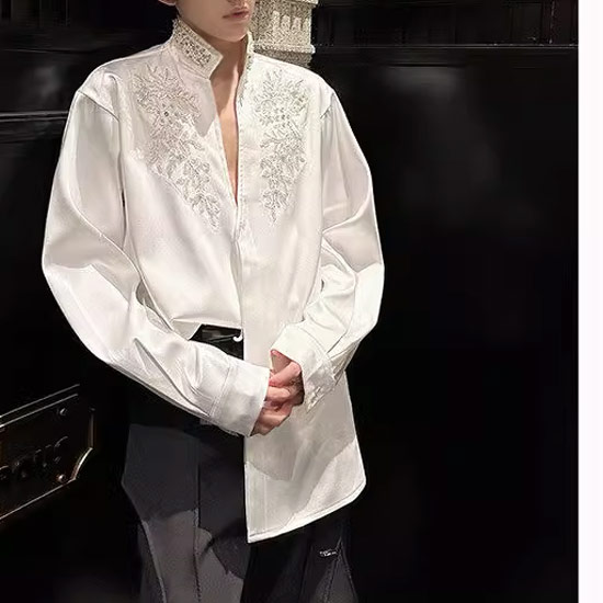 シャツ メンズ ドレスシャツ ノーカラーシャツ ハイネック ビーズ 刺繍