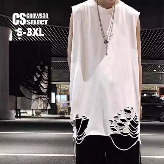 V系 タンクトップ メンズ ダメージ モード系 Tシャツ カットソー