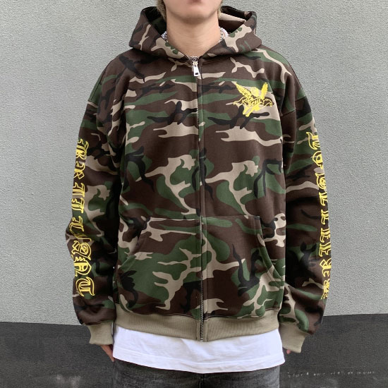 オラオラ系 パーカー メンズ V系 迷彩パーカー 古ジッパーパーカー