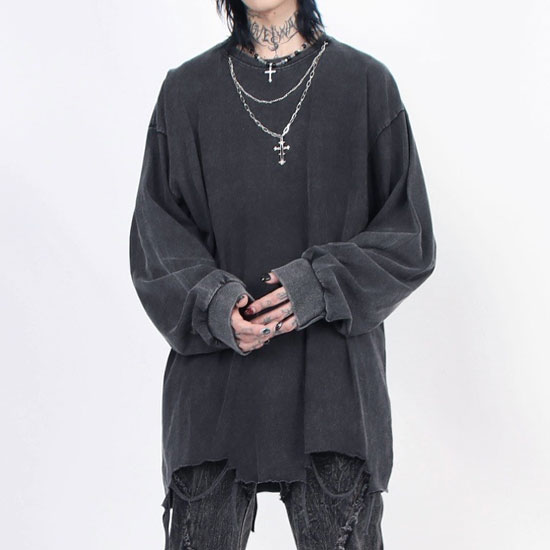 no id. ダメージ カットソー ロンt 平成 お兄系 v系 モード系 ロングTシャツ メンズ V系 ロンT ダメージ ロング丈 ビッグ
