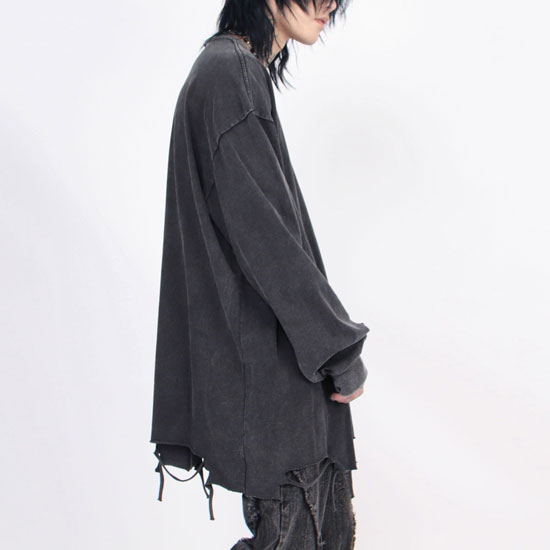 モード系 ロングTシャツ メンズ V系 ロンT ダメージ ロング丈 ビッグ