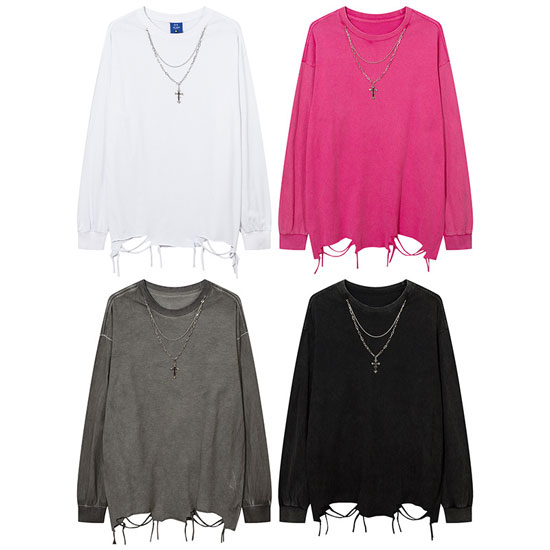no id. ダメージ カットソー ロンt 平成 お兄系 v系 モード系 ロングTシャツ メンズ V系 ロンT ダメージ ロング丈 ビッグ
