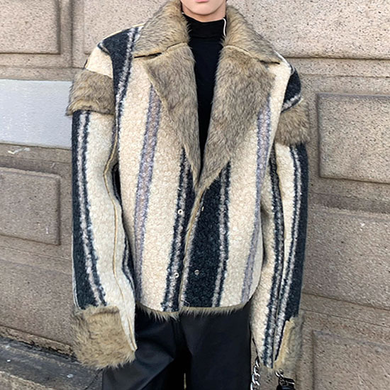 V系 ライダースジャケット メンズ ストライプ ボアジャケット モード系