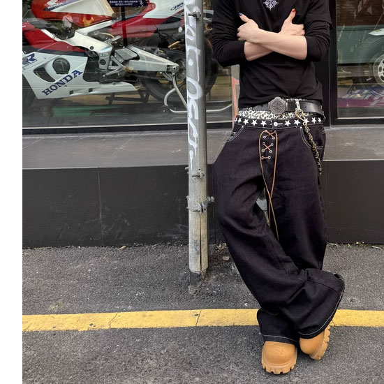 V系 デニムパンツ メンズ オラオラ系 パンツ ダブルウエスト ヒョウ柄