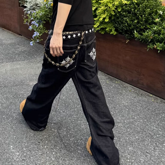 V系 デニムパンツ メンズ オラオラ系 パンツ ダブルウエスト ヒョウ柄