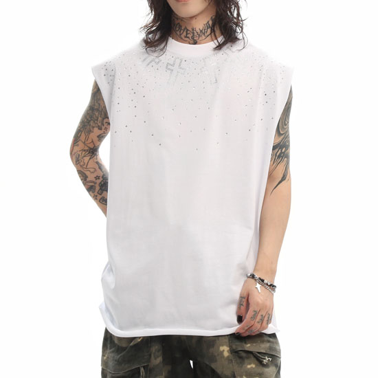 モード系 メンズ Tシャツ V系 タンクトップ カットソー ラインストーン