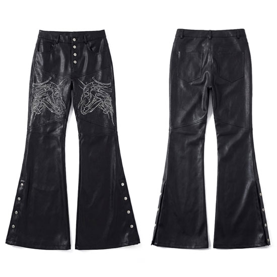 10s PUレザー スタッズ サイドジップ パンツ フレア スキニー Punk V系 レザーパンツ メンズ モード系 スキニーパンツ オラオラ系 美脚