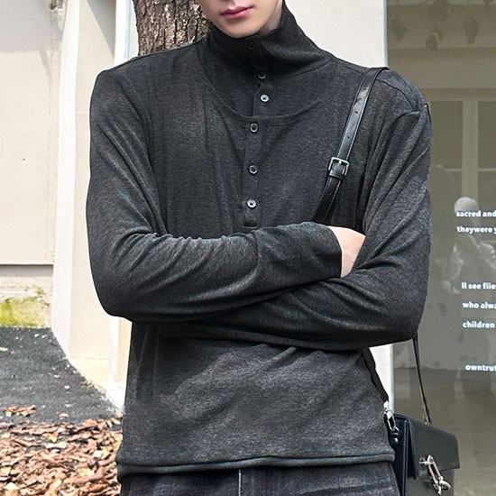 モード系 ロングTシャツ メンズ ヘンリーネック オラオラ系 ロンT V系