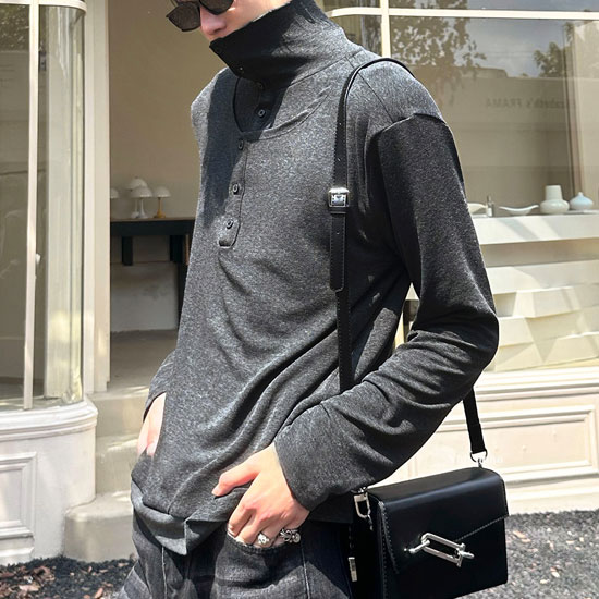 モード系 ロングTシャツ メンズ ヘンリーネック オラオラ系 ロンT V系