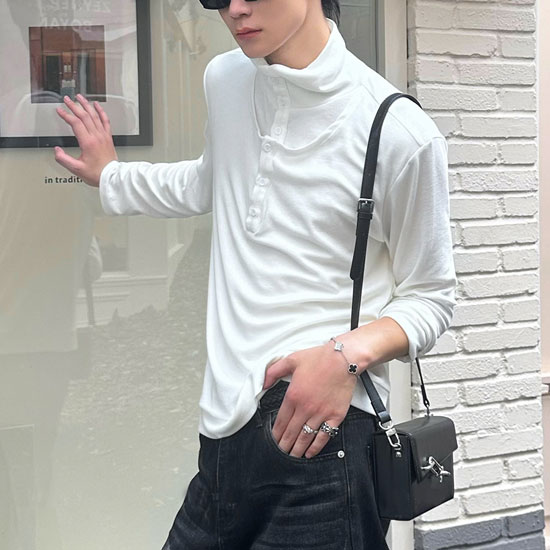 モード系 ロングTシャツ メンズ ヘンリーネック オラオラ系 ロンT V系