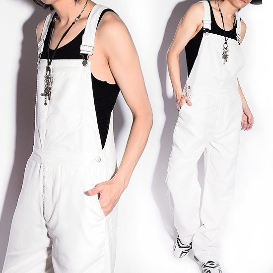 オーバーオール メンズ サロペット ワイドパンツ ホワイト 白 個性的 V