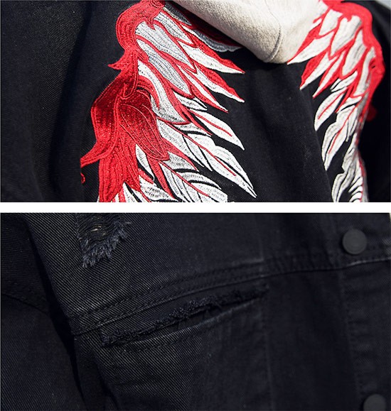 Gジャン メンズ デニムジャケット ウィング 羽 刺繍 ビック刺繍