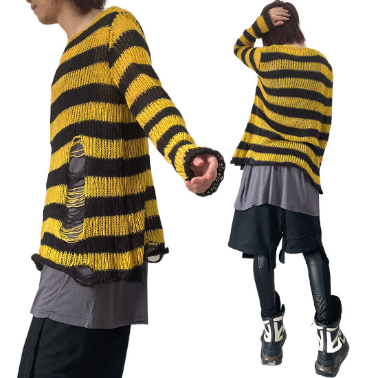 y2k お兄系 十字架 ボーダー ボロ加工 ロンT al-3-gold-bdr-knit_1.jpg