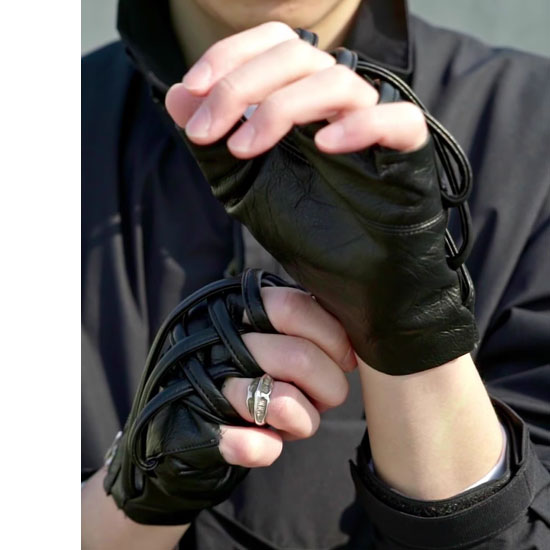 手袋 メンズ グローブ ジッパー レザー V系 モード系 指ぬき 指なし