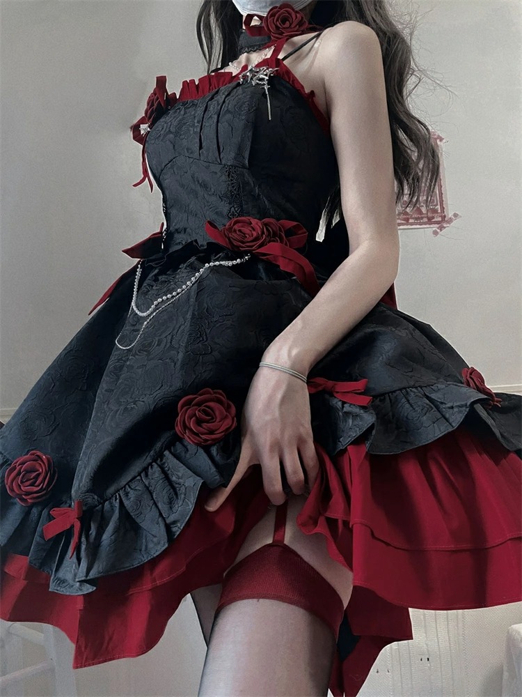 パーティー映えロリータ赤黒チュールドレス★エレガントな魅力 ロリータワンピース ロリータドレス 全2色 lolita リボン 上品