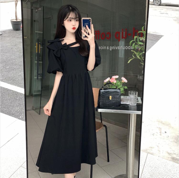 ワンピース レディース 黒 半袖 パフスリーブ ロング丈 春 夏 秋