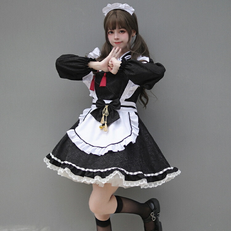 5点セット】ロリータ メイド服 中華風 チャイナボタン 黒 大きい