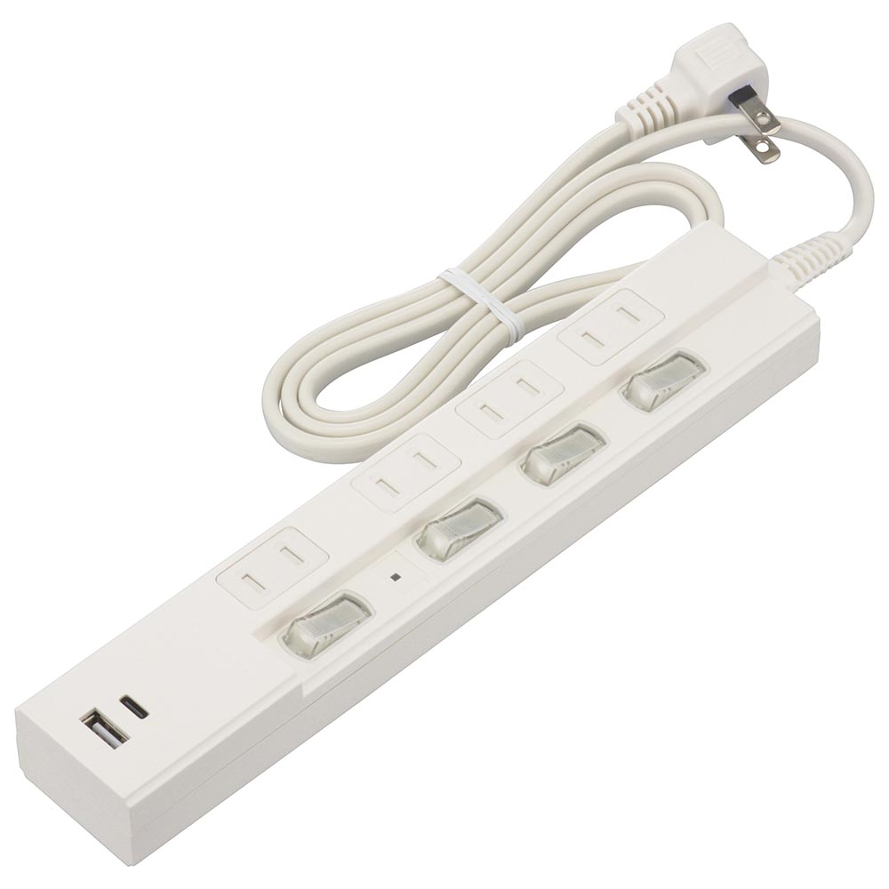Yahoo! Yahoo!ショッピング(ヤフー ショッピング)オーム電機　雷ガード付節電タップ 4個口 1m Type-C（PD対応）×1、Type-A×1 LEDランプ付個別スイッチ L型プラグ ホワイト（白）　HS-TPKU41PD23-W （00-1013）