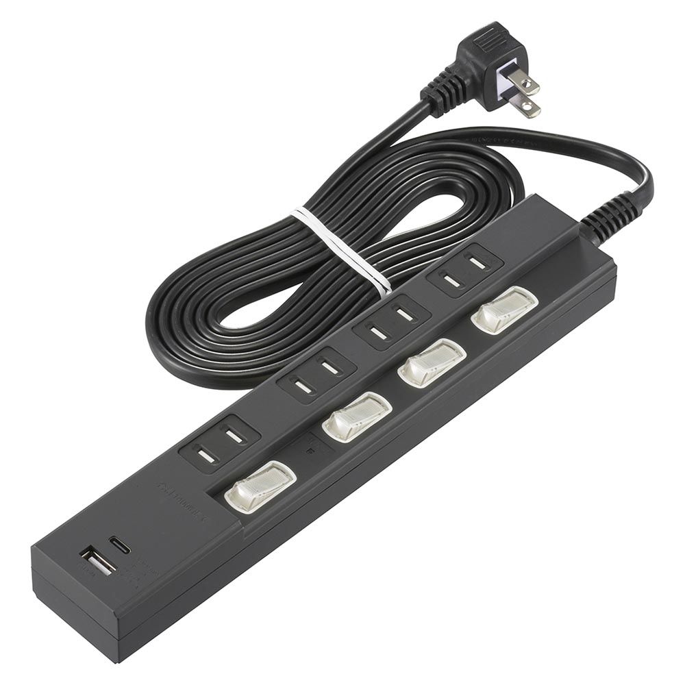 Yahoo! Yahoo!ショッピング(ヤフー ショッピング)オーム電機　雷ガード付節電タップ 4個口 2m Type-C（PD対応）×1、Type-A×1 LEDランプ付個別スイッチ L型プラグ ブラック（黒）　HS-TPKU42PD23-K （00-1016）