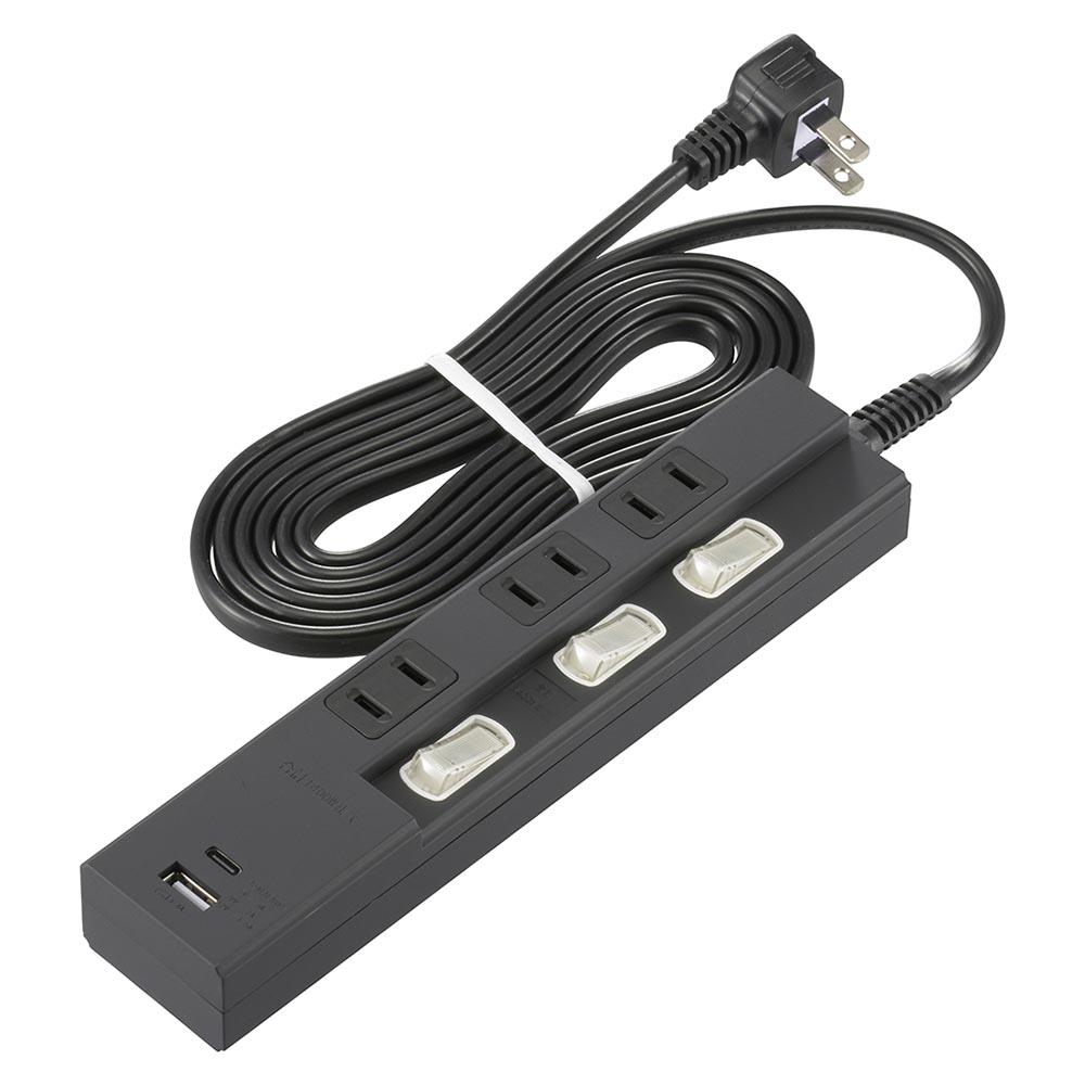 Yahoo! Yahoo!ショッピング(ヤフー ショッピング)オーム電機　個別スイッチ付節電タップ 3個口 2m Type-C（PD対応）×1、Type-A×1 LEDランプ付スイッチ L型プラグ ブラック（黒）　HS-TPU32PD23-K （00-1012）