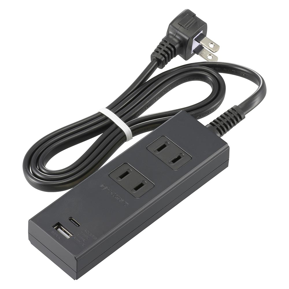 オーム電機　節電タップ 2個口 1m Type-C（PD対応）×1、Type-A×1 L型プラグ ブラック（黒） TypeC TypeA USB　HS-TU21PD23-K (00-1002)