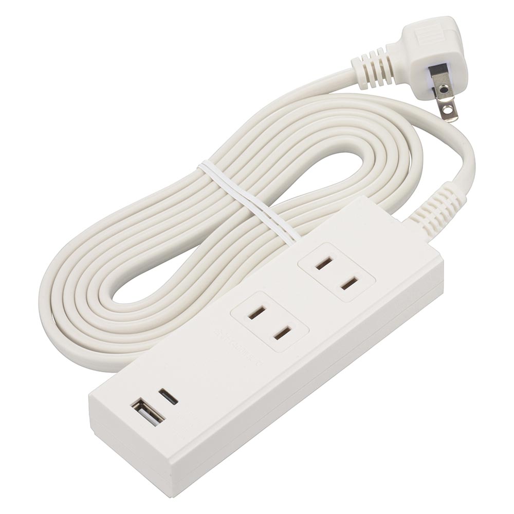 オーム電機　節電タップ 2個口 2m Type-C（PD対応）×1、Type-A×1 L型プラグ ホワイト（白） TypeC TypeA USB　HS-TU22PD23-W (00-1003)