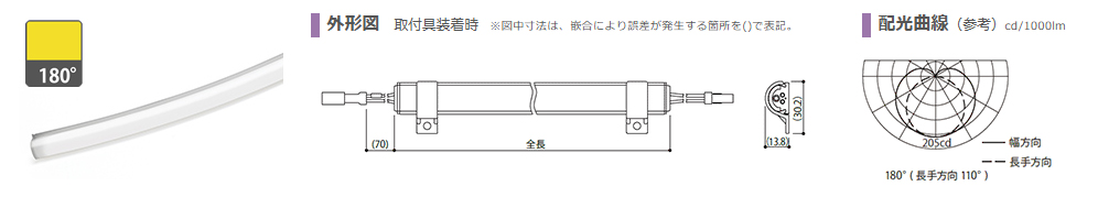 森山産業 LED照明 LEDsカーブPlus 連結長延伸タイプ 屋内外 防湿 24V 直流電源装置別売 全長1105mm 電球色2700K ELK1F1-110J27-24J10 ※受注生産品の画像
