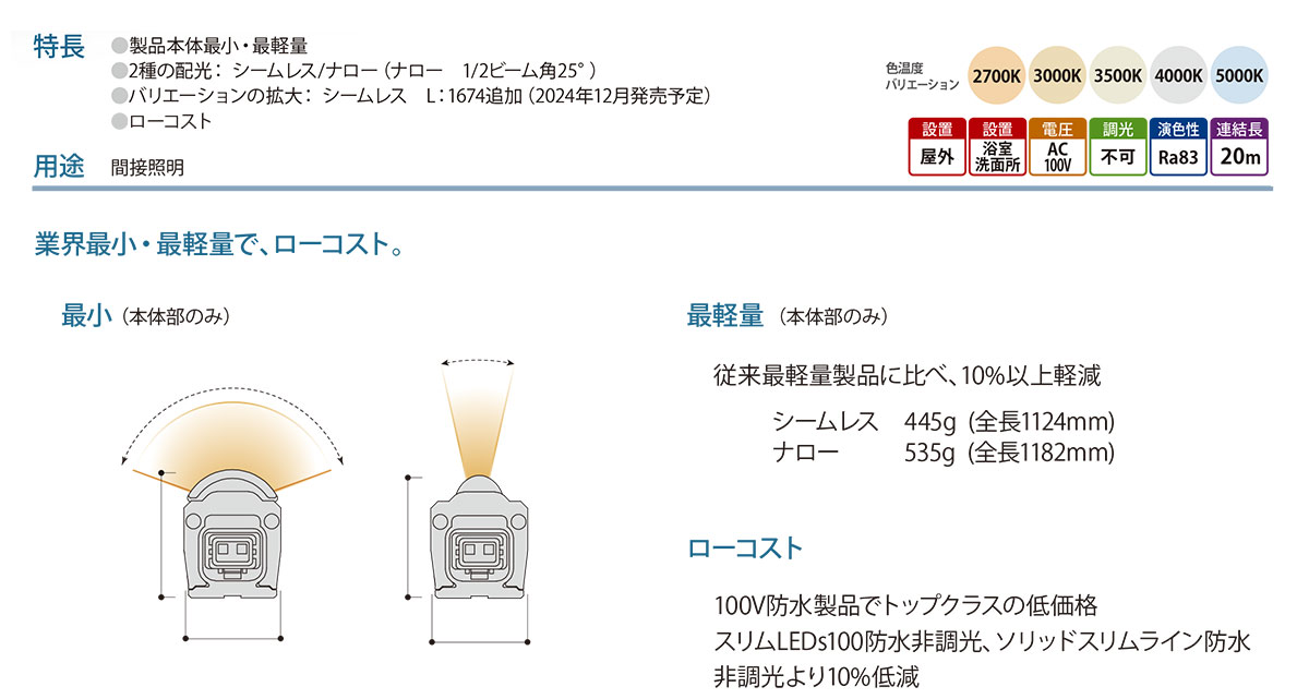森山産業 LED照明 LEDsリミット防水非調光 ナロー 屋外 防湿 100V 全長594mm 温白色3500K ESE1U2-028J35N-100W ※受注生産品の画像