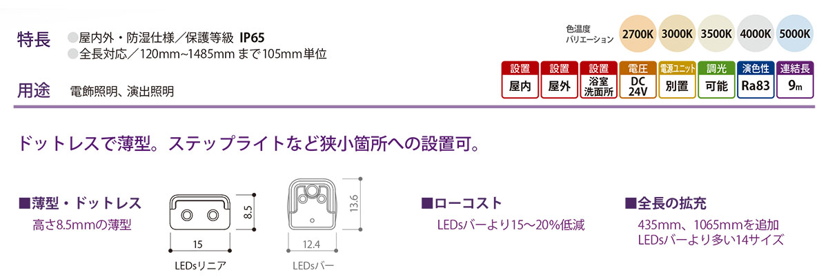 森山産業 LED照明 LEDsリニア 屋内外 防湿 24V 直流電源装置別売 全長1170mm 電球色2700K ELJ1K1-117J27-24 ※受注生産品の画像