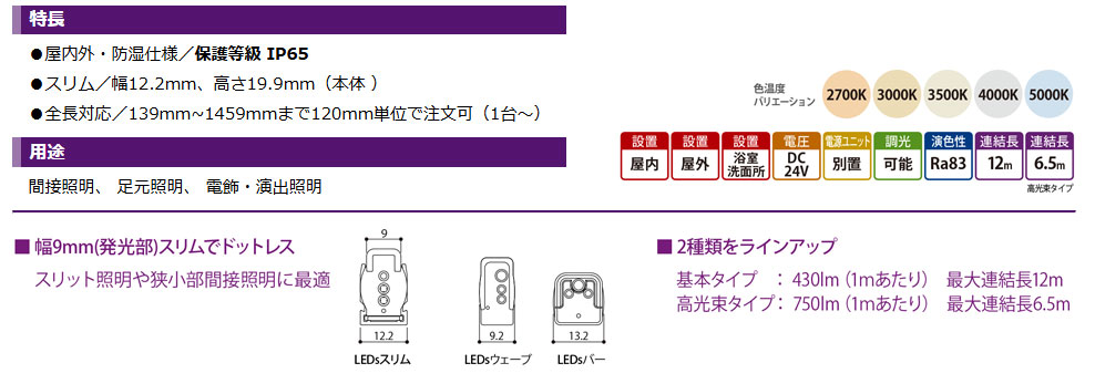 森山産業 LED照明 LEDsスリム 屋内外 防湿 24V 直流電源装置別売 全長1219mm 白色4000K ESF3K1-121J40-24 ※受注生産品の画像